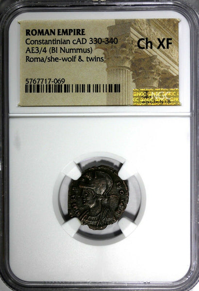 Roman Empire Constantinian BI Nummus AD 330-340 Roma/She-Wolf&Twins NGC ch.XF(9)