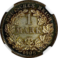 Germany-Empire Wilhelm II Silver 1908 D 1 Mark NGC UNC  Munich TONED KM14 (001)