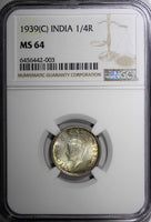 India-British George VI Silver 1939 (C) 1/4 Rupee NGC MS64 KM# 544 (003)