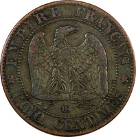 France Napoleon III Bronze 1865 BB. 5 Centimes SCARCE KM# 797.2
