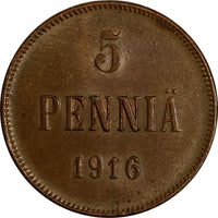 Finland Nicholas II Copper 1916 5 Pennia UNC Condition KM# 15 (18 632)