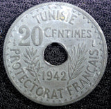 TUNISIA  Zinc 1942 20 Centimes WWII Issue aUNC TONED KM# 268 (23 012)