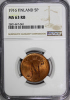 Finland Russian Tsar Nicolas II (1895-1917) 1916 5 Pennia NGC MS63 RB KM# 15 (1)