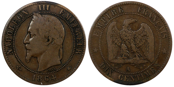 France  Napoleon III Bronze 1864 A 10 Centimes Paris Mint SCARCE KM# 798.1 (935)