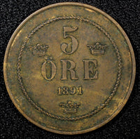 SWEDEN Oscar II Bronze 1891 5 Öre 27mm KM# 757 (22 958)
