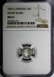 SWEDEN Oscar I (1844-1859) Silver 1855 G 10 Ore NGC MS61 Short Beard KM# 683
