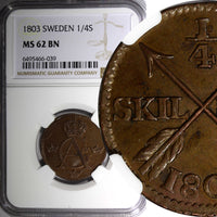 SWEDEN Gustav IV Adolf Copper 1803 1/4 Skilling NGC MS62 BN KM# 564 (39)