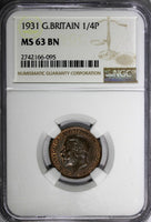 Great Britain George V Bronze 1931 Farthing NGC MS63 BN S-4061 KM# 825