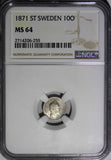 Sweden Carl XV Adolf Silver 1871 S.T. 10 Ore NGC MS64 Nice Toned KM# 710 (255)