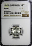 Switzerland Silver 1965 B 1/2 Franc NGC MS64 GEM BU KM# 23 (042)