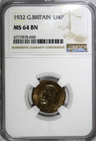 Great Britain George V (1910-1936) Bronze 1932 Farthing NGC MS64 BN KM# 825