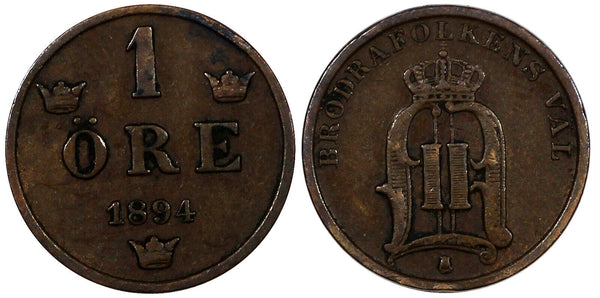 SWEDEN Oscar II 1894 1 Ore Mintage-590,000 Large Letters RARE DATE KM#750 (866)