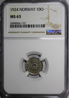 Norway Haakon VII Copper-Nickel 1924 10 Ore NGC MS63 1st YEAR TYPE  KM# 383