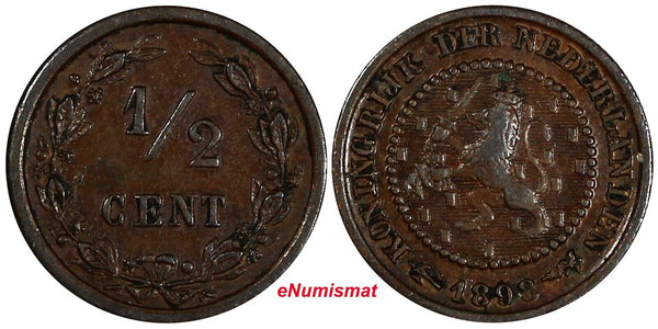 Netherlands Wilhelmina I Bronze 1898 1/2 Cent SCARCE DATE KM# 109.2 (20 463)
