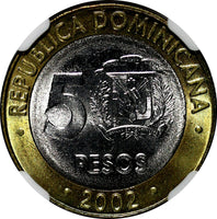 Dominican Republic Sánchez 2002 5 Pesos Magnetic NGC MS64 GEM BU KM# 89 (038)