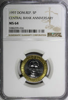 Dominican Republic 1997 5 Pesos Central Bank NGC MS64  KM# 88 (036)