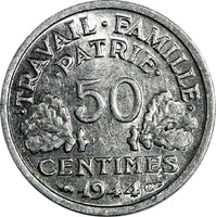 France  Aluminum 1944 50 Centimes WWII Issue BETTER DATE BU KM# 914.1