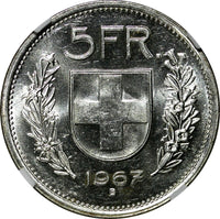 Switzerland Silver 1967 B 5 Francs 31.45 mm NGC AU58  KM# 40 (001)