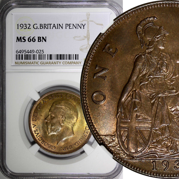 Great Britain George V 1932 1 Penny KEY DATE NGC MS66 BN TOP GRADED KM# 838 (25)