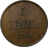 Finland Russia Nicholas II Copper 1899 5 Pennia BETTER DATE Mintage-860,000 KM15