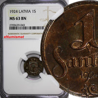 Latvia Bronze 1924 1 Santims NGC MS63 BN Toning Struck at Switzerland.KM# 1 (43)