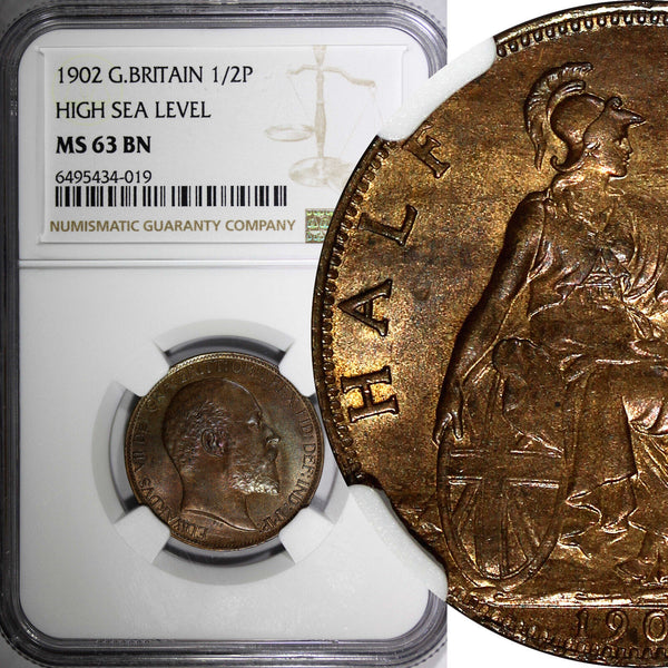 Great Britain Edward VII 1902 1/2 Penny HIGH SEA LEVEL NGC MS63 BN KM# 793.2 (9)