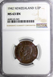 New Zealand George VI Bronze 1942 1/2 Penny NGC MS63 BN KEY DATE SCARCE KM#12(3)