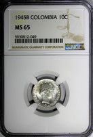 Colombia Silver 1945 B 10 Centavos NGC MS65 TOP GRADED BY NGC KM# 207.1 (049)