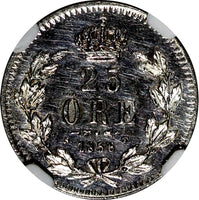 SWEDEN Oscar I Silver 1856 ST 25 Ore NGC UNC DETAILS  SCARCE KM# 684 (168)