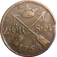 SWEDEN COPPER Adolf Frederick 1764 2 Ore,S.M  BROWN  KM#461 (2370)