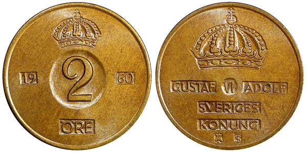 Sweden Gustaf VI Bronze 1960 TS 2 Ore GEM BU Toned KM# 821 (21 952)