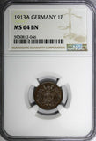 Germany - Empire 1913 A 1 Pfennig NGC MS64 BN TOP GRADED BY NGC KM# 10 (046)