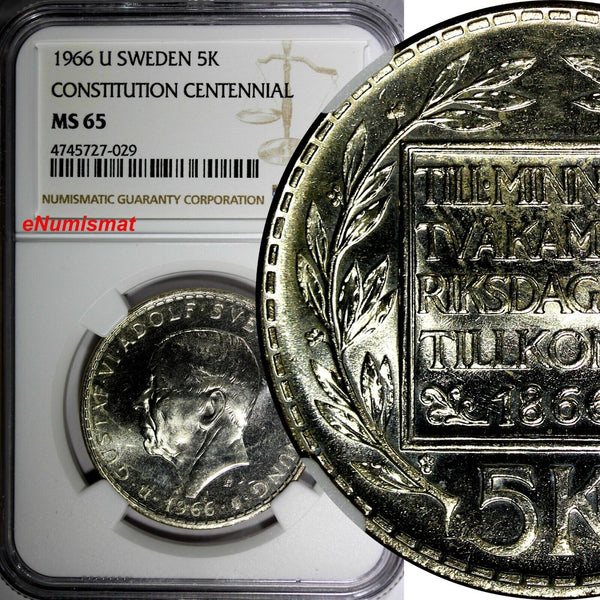 SWEDEN Silver 1966 U 5 Kronor NGC MS65 Constitution Reform 1 YEAR TYPE KM#839(9)