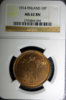 Finland Russia Nicholas II Copper 1914 10 Pennia NGC MS62 BN Mintage-605,0 KM#14