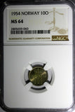 Norway Haakon VII Copper-Nickel 1954 10 Ore NGC MS64 KM# 396