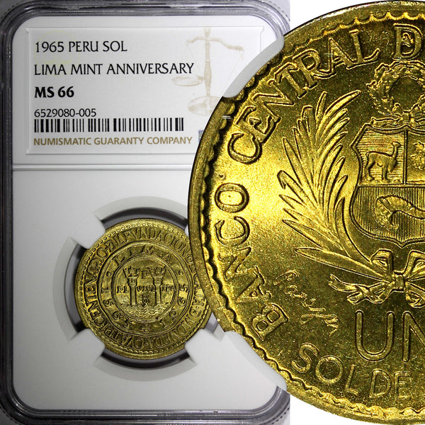 PERU Brass 1965 1 Sol NGC MS66 400th Anniversary of the Lima Mint KM# 240 (005)