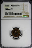 Sweden Oscar II Bronze 1888 1 Ore NGC MS64 BN TOP GRADED BY NGC KM# 750 (013)