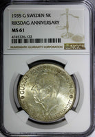 SWEDEN Silver 1935 5 Kronor NGC MS61  500th Anniversary of Riksdag KM# 806 (122)