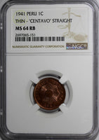 Peru Bronze 1941 1 Centavo Straight NGC MS64 RB KM# 208.a  Thin planchet