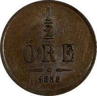 SWEDEN Oscar I Bronze 1858 1/2 Ore BROWN KM# 686 (17 838)