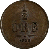 SWEDEN Oscar I Bronze 1858 1/2 Ore BROWN KM# 686 (17 838)