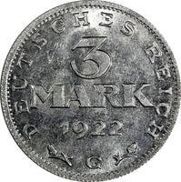 Germany,Weimar Republic 1922 G 3 Mark 3 Years of Weimar Constition UNC KM#29(1)