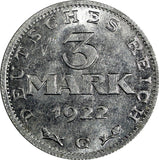 Germany,Weimar Republic 1922 G 3 Mark 3 Years of Weimar Constition UNC KM#29(1)