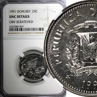 Dominican Republic Nickel Clad Steel 1991 25 Centavos NGC UNC DET. KM# 71.1 (7)