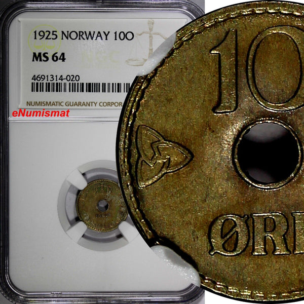 NORWAY Copper-Nickel 1925 10 ORE NGC MS64 TOP GRADED COIN BY NGC KM# 383 (20)