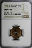 Rhodesia And Nyasaland Bronze 1958 1/2 Penny NGC MS65 RB TOP GRADED KM# 1 (012)