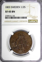 SWEDEN Copper 1803 1/2 Skilling OVERSTRUCK 1 ORE S.M. 1763 NGC XF45 BN KM565 (2)