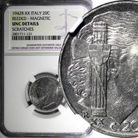 Italy 1942 R XX 20 Centesimi NGC UNC DETAILS MAGNETIC REEDED EDGE KM# 75b (131)