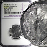 Italy 1942 R XX 20 Centesimi NGC UNC DETAILS MAGNETIC REEDED EDGE KM# 75b (131)