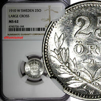 Sweden Gustaf V Silver 1910 W 25 Ore LARGE CROSS NGC MS62  KM# 785 (144)